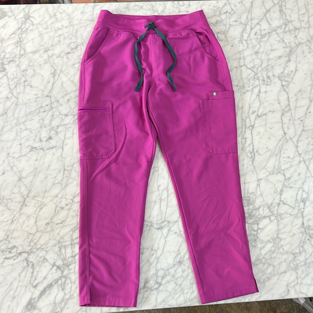 Figs Women's Magenta Cargo Scrub Pants with Teal Drawstring